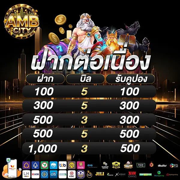 AMBCITY โปรฝากต่อเนื่องรับคูปองเพิ่มสูงสุด 500 บาท